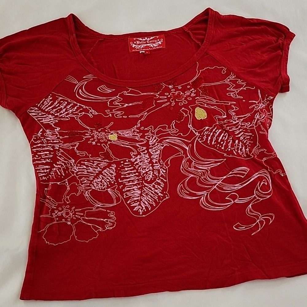 Bella Carra Graphic Tee Women's Large Red Floral Sequin Y2K Boho Embroidered - Picture 1 of 10